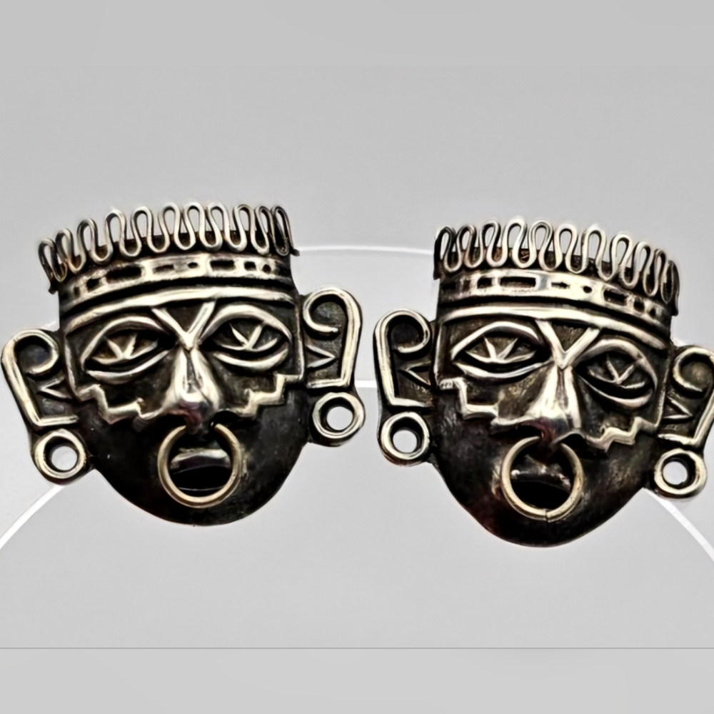 Vtg Bernice Goodspeed screwback earing 40s Taxco  sterling Art Deco aztec masks